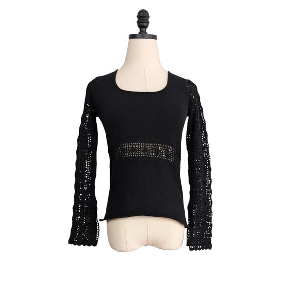 Crochet Sweater S Black Babydoll Y2K Hippie Whimsigoth Boho Goth Cutout Top 90s - Picture 1 of 12